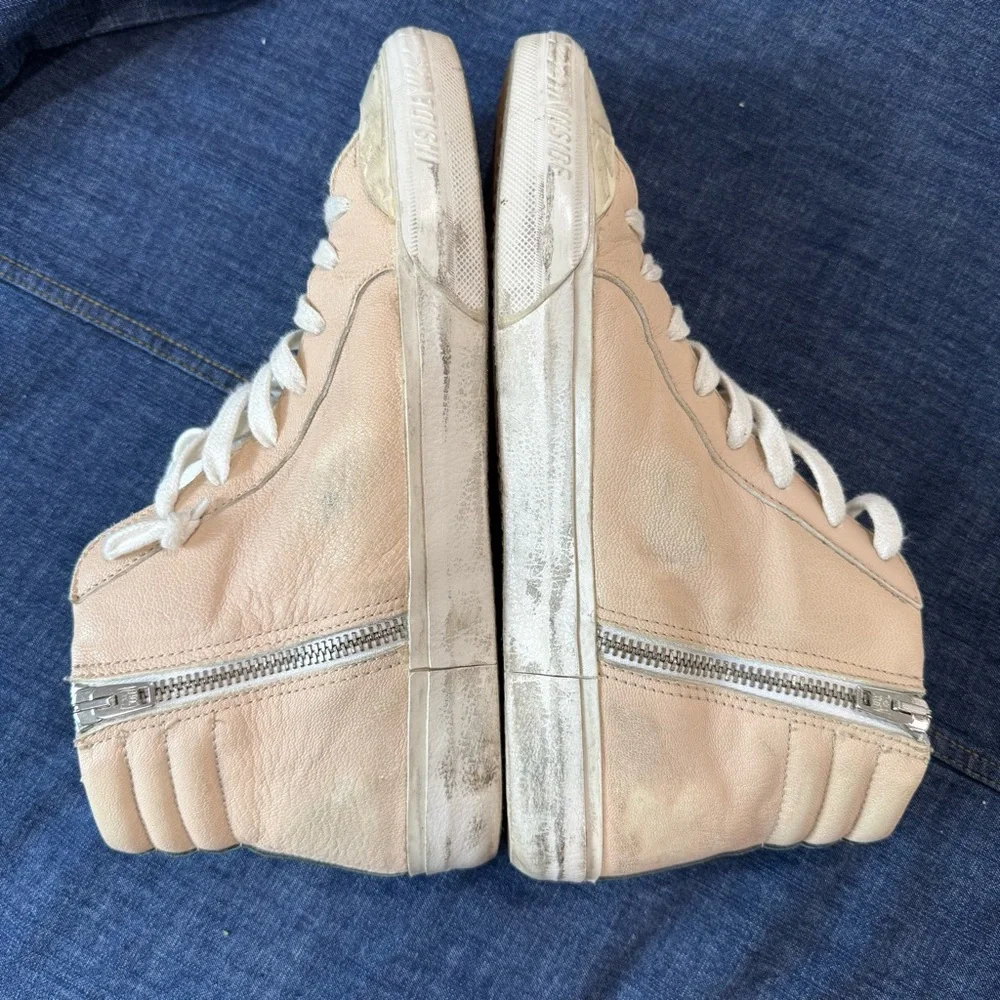 Golden Goose Beige High-Top Sneakers with Red & Silver Accents